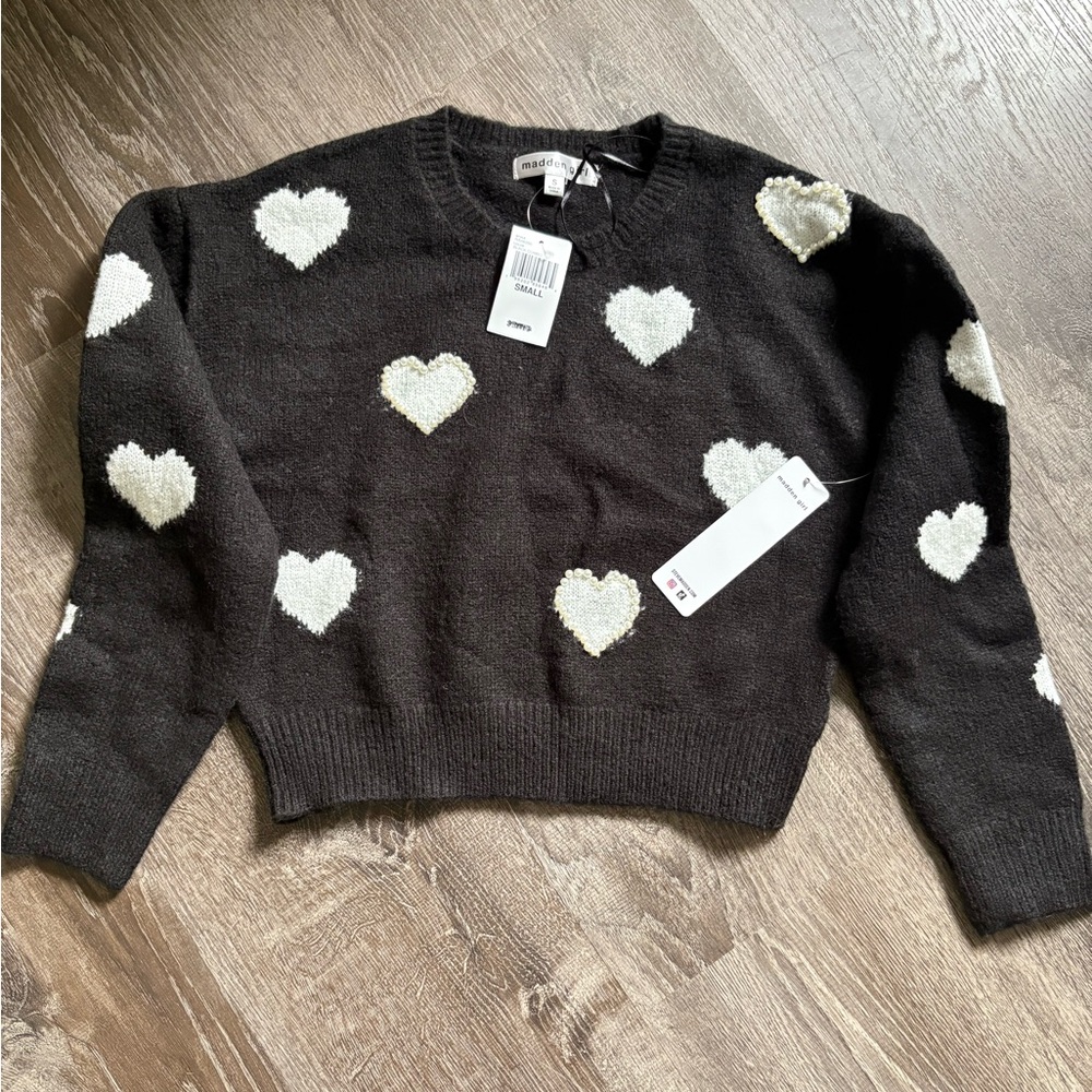 Madden Girl Black and White Heart Pattern Crew Neck Sweater